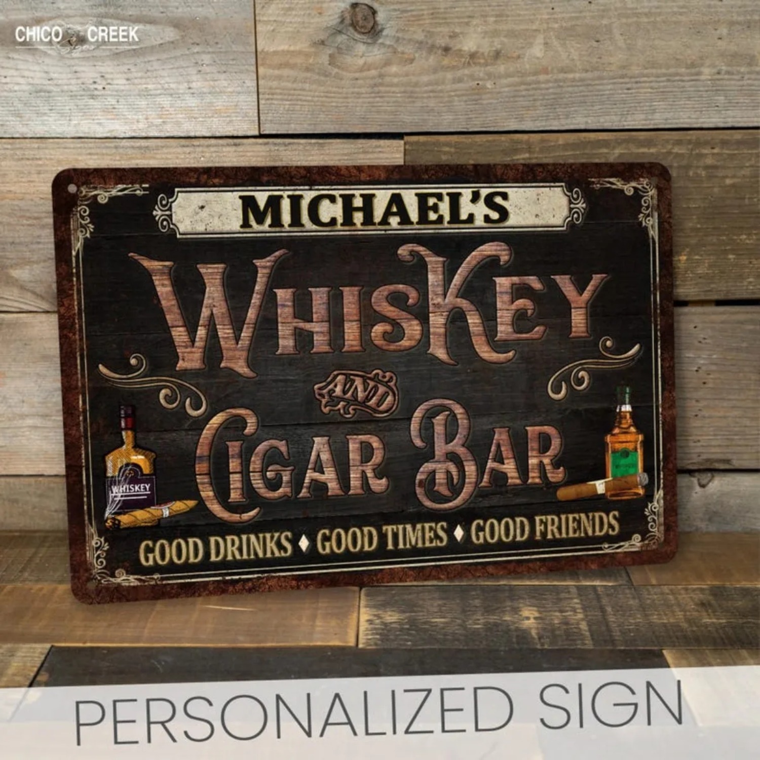 Home Bar Signs - Custom Personalized Vintage Whiskey & Cigar
